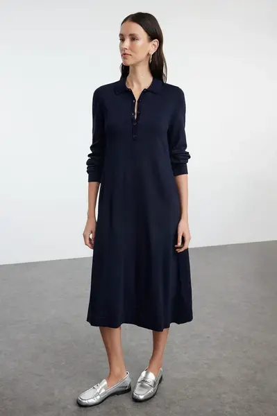 Trendyol Navy Blue Midi Knit Polo Neck Dress