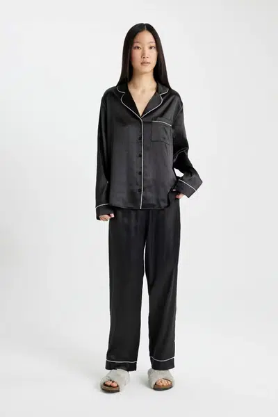 DEFACTO Fall In Love Pajama Set Satin Long Sleeve Top Elastic Waist Bottom