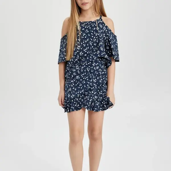 DEFACTO Girl 2-Piece Set Patterned Short Sleeve Blouse Top Elastic Waist Skirt Bottom