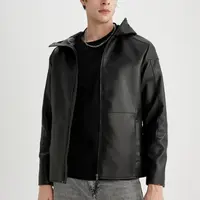 DEFACTO Slim Fit Faux Leather Jacket Coat Slim Cut Hooded Zippered Pocket Seasonal