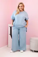 Kesi Włoski Dámsky komplet Plus Size z tencelu blúzka a nohavice s viazaním svetlo džínsový