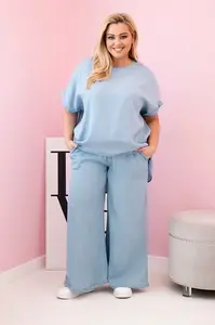 Kesi Włoski Dámsky komplet Plus Size z tencelu blúzka a nohavice s viazaním svetlo džínsový