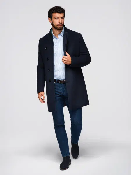 Ombre Men's coat with asymmetrical fastening and high collar - navy blue