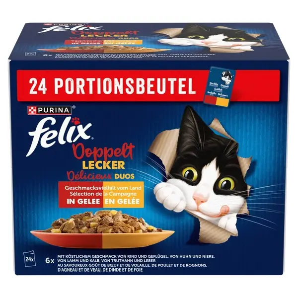 Felix Fantastic Duo výběr vlhkého krmiva pro kočky v aspiku - hovězí, kuřecí, jehněčí, krůtí 24 x 85 g