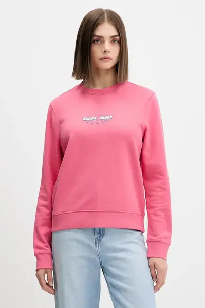 Bavlněná mikina Guess Jeans dámská, růžová barva, s potiskem, W5YQ23 K68I4