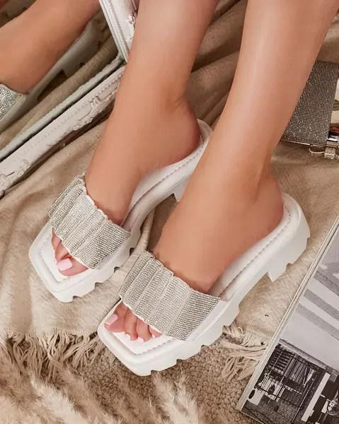Resti White women's slippers with cubic zirconia Emkoy - Footwear