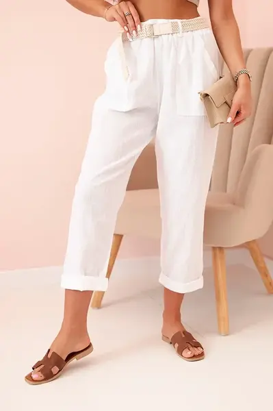 Kesi Włoski Dámské lněné kalhoty s bavlnou a páskem bílé