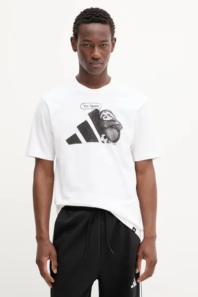 Bavlněné tričko adidas pánské, bílá barva, s potiskem, JL9256