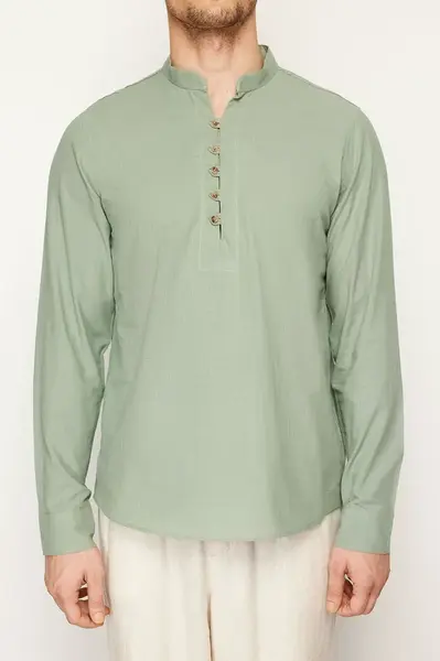 Trendyol Světle Khaki Slim Fit Polokošile s Polovičním Zapínáním a Stojáčkem 100% Bavlna