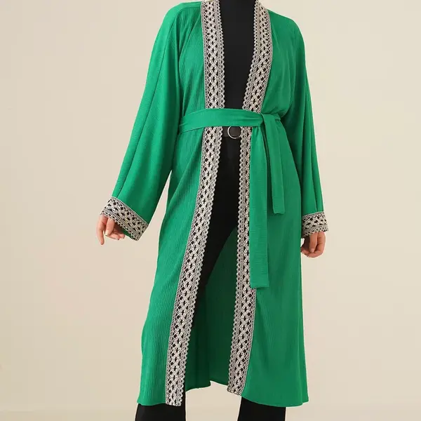 Bigdart 5865 Vyšívané Pletené Dlouhé Kimono - Zelená