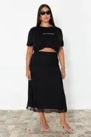 Trendyol Curve Black Lined Tulle Maxi Knit Plus Size Skirt