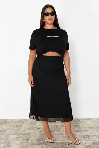 Trendyol Curve Black Lined Tulle Maxi Knit Plus Size Skirt