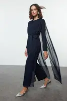Trendyol Navy Blue Belted Chiffon Woven Jumpsuit
