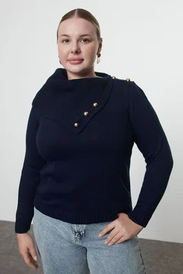 Trendyol Curve Navy Blue Wide Turtleneck Buttoned Knitwear Sweater