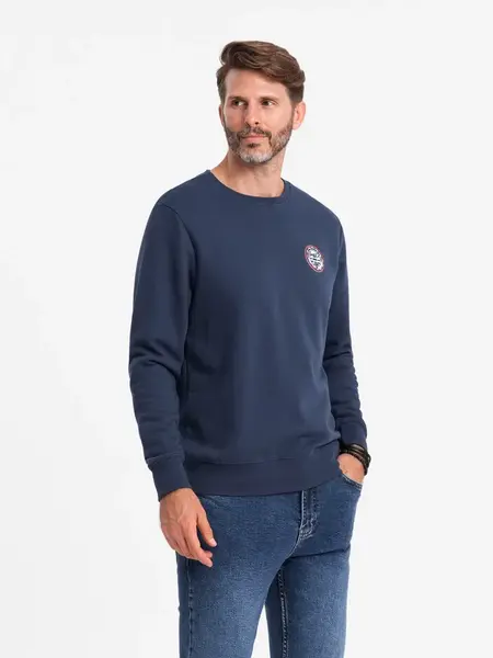 Ombre Men's non-stretch sweatshirt with college style patch - navy blue