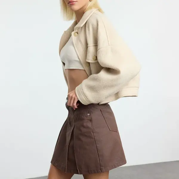 Trendyol Brown Leather Coated Waxed Pleated Mini Denim Skater Skirt