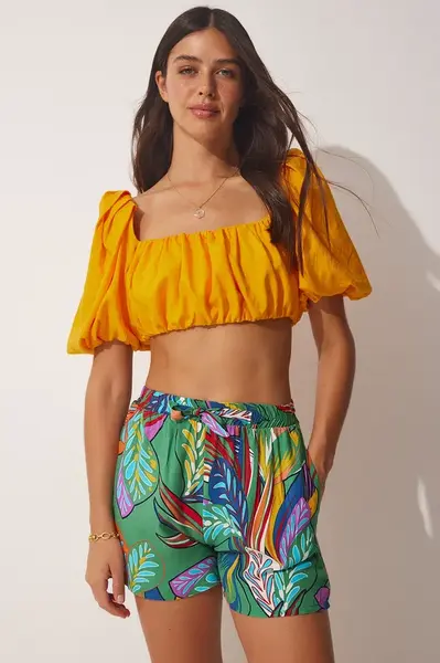 Štěstí Istanbul Dámské Oranžovo-Zelené Letní Viskózové Šortky s Vysokým Pasem