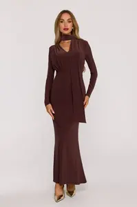 Elegantní maxi šaty Made Of Emotion s páskem - hnědé