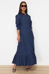 Trendyol Dark Blue Ruffle Hem Maxi Modest Denim Shirt Dress