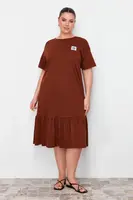 Trendyol Curve Brown Skirt Ruffled Label Detailed 100% Cotton Knitted Plus Size T-shirt Dress