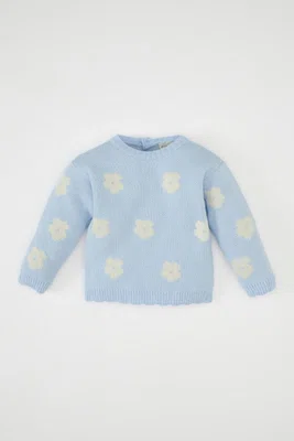 DEFACTO Baby Girl Blue Crew Neck Floral Knitwear Sweater