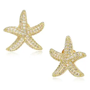1 Pair Starfish Brass Micro Pave Clear Cubic Zirconia Studs Earrings