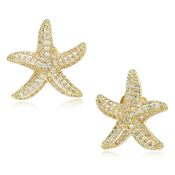 1 Pair Starfish Brass Micro Pave Clear Cubic Zirconia Studs Earrings
