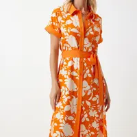 Happiness İstanbul Women's Orange Floral Summer Slim Viscose Dress