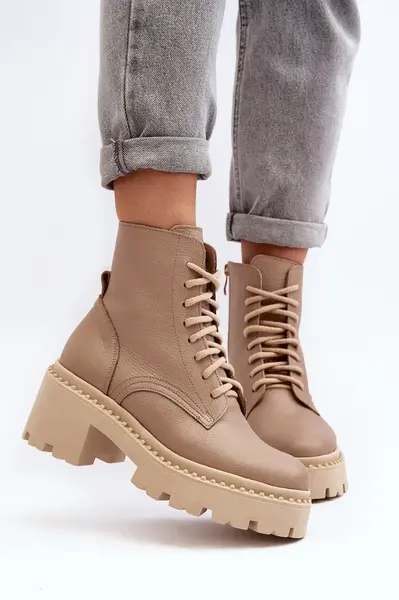 Zazoo 3413 Dámske kožené topánky na robustnom podpätku béžové