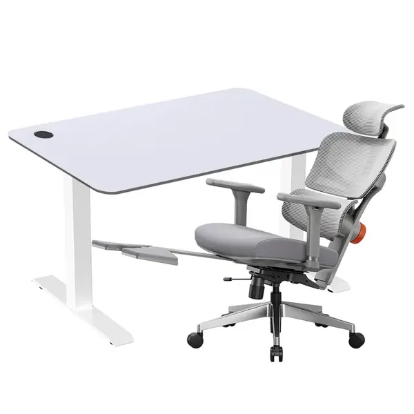 ACGAM JSZ-3 White Desk Frame + White Desktop + NEWTRAL NT002 Ergonomic Chair with Footrest