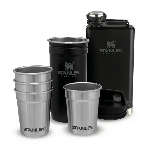 STANLEY set placatka 250ml + 4 panáky čierna