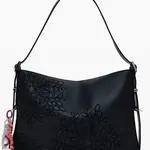 Čierna kabelka cez rameno s kvetinovým vzorom