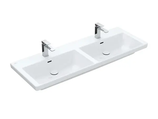 Villeroy & Boch Subway 3.0 - Dvojumývadlo nábytkové, 130x47 cm, s prepadom, otvory na batérie, CeramicPlus, Stone White 4A71D5RW