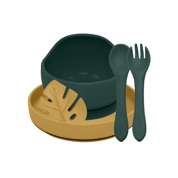 PETITE&MARS Set jídelní silikonový TAKE&MATCH, Misty Green - Intense Ochre 6m+, 4 ks