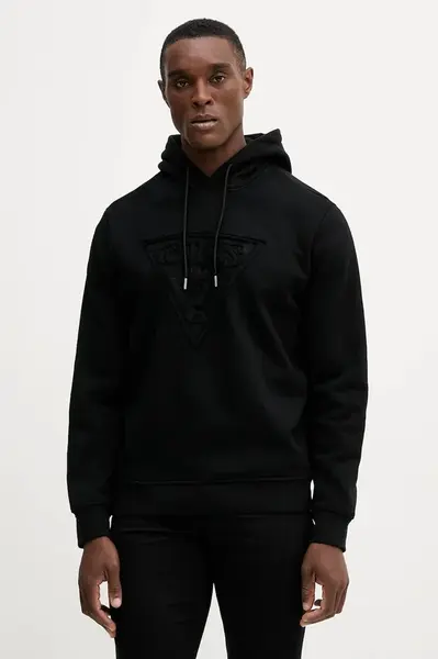 Bavlněná mikina Guess pánská, černá barva, s kapucí, s aplikací, M5BQ04 K0961