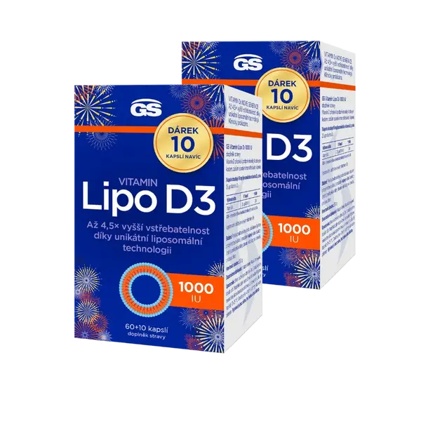 GS Vitamin Lipo D3 1000 IU, 2 × 60+10 kapslí NAVÍC, dárkové balení 2025