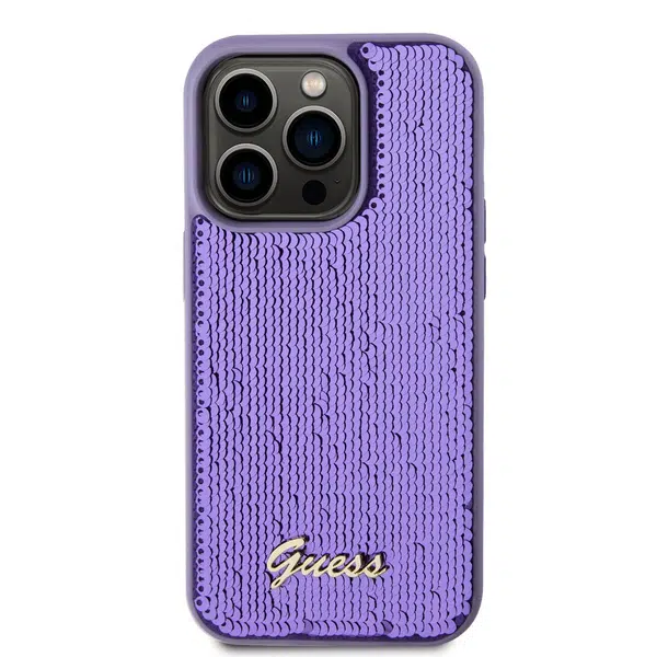 Zadní kryt Guess Sequin Script Logo pro Apple iPhone 14 Pro Max, fialová