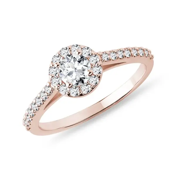 Diamantový prsteň halo z ružového zlata KLENOTA
