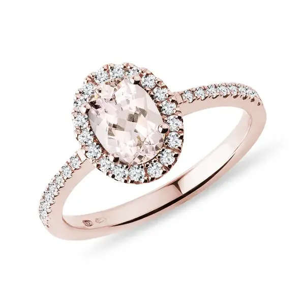 Halo prsten s morganitem v růžovém 14k zlatě KLENOTA