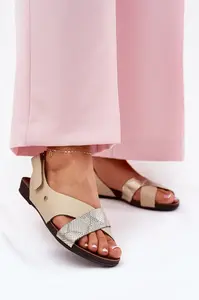 Kožené sandály na suchý zip béžovo-zlaté Zazoo 40141