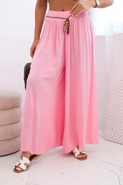 Kesi Włoski Dámské kalhoty z viskózy se širokými nohavicemi bonbónově růžová