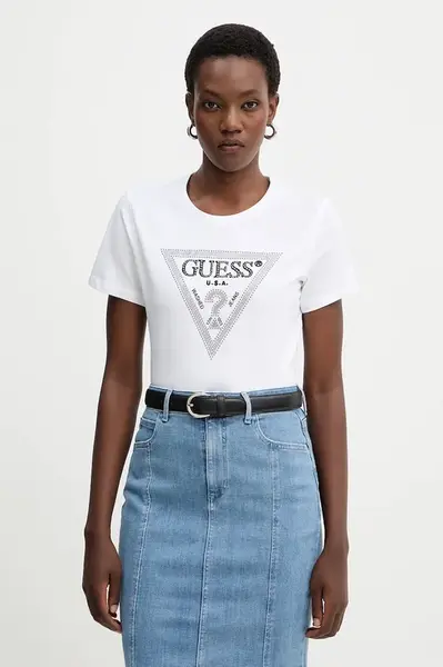 Bavlněné tričko Guess dámské, bílá barva, W5BI18 I3Z14