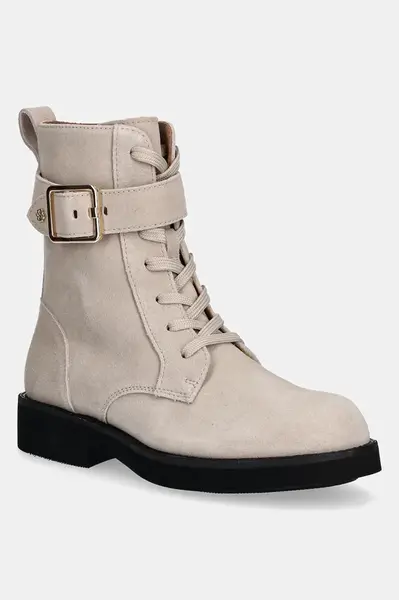 Semišové boty BOSS Eleri dámské, béžová barva, na plochém podpatku, 50552774