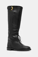 Kožené kozačky Weekend Max Mara Visby dámské, černá barva, na plochém podpatku, 2525796015600