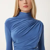 Happiness İstanbul Women's Indigo Blue Gathered Detailed High Neck Sandy Blouse