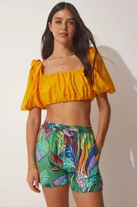 Štěstí Istanbul Dámské Oranžovo-Zelené Letní Viskózové Šortky s Vysokým Pasem