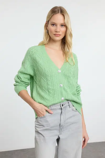 Trendyol Mint Wide Pattern Glittery Knitted Cardigan