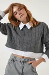 Happiness İstanbul Women's Light Gray Shirt Detailed Seasonal Crop Knitwear Sweater