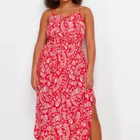 Trendyol Curve Multicolored Ethnic Pattern Elastic Waist Woven Strap Plus Size Beach Dress