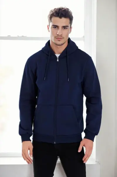 94090 Dewberry Kangaroo Pocket Hooded Zipper Mens Sweatshirt-NAVY